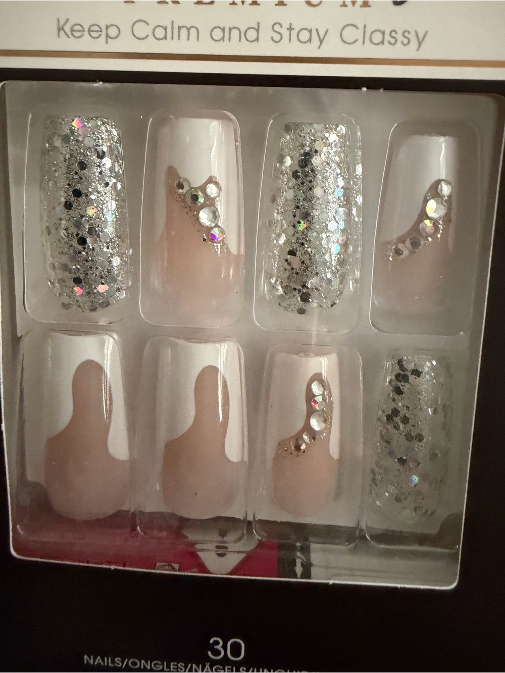 **NWT** Press-On Nail Set with Silver Glitter and Rhinestones - Nude Pink